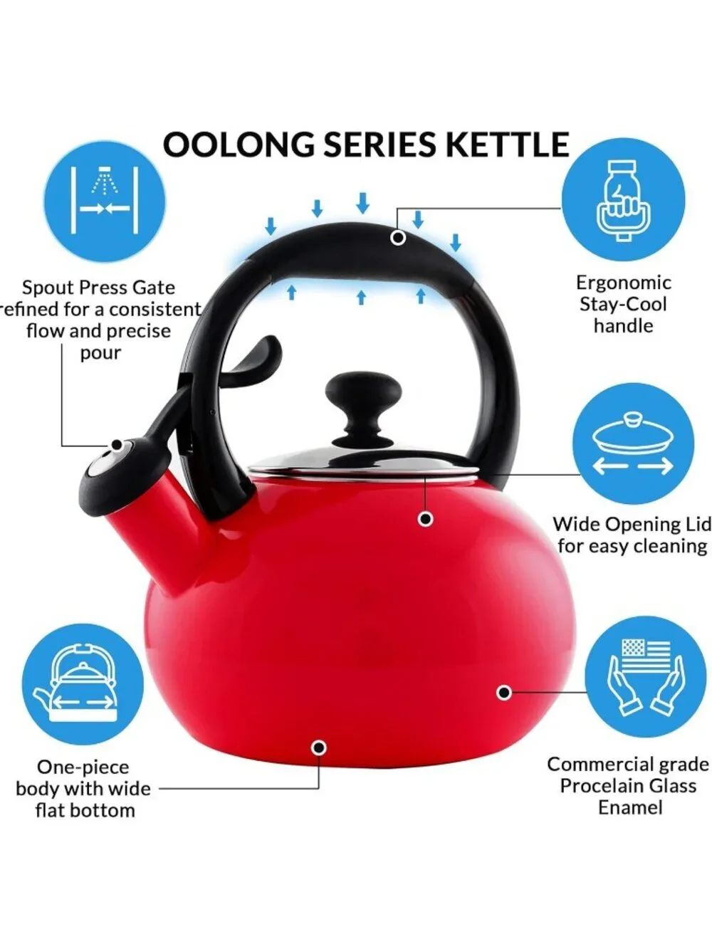 Red Whistling Tea kettle 1.8 QT  Premium Enamel on Carbon Steel Stovetop Pot